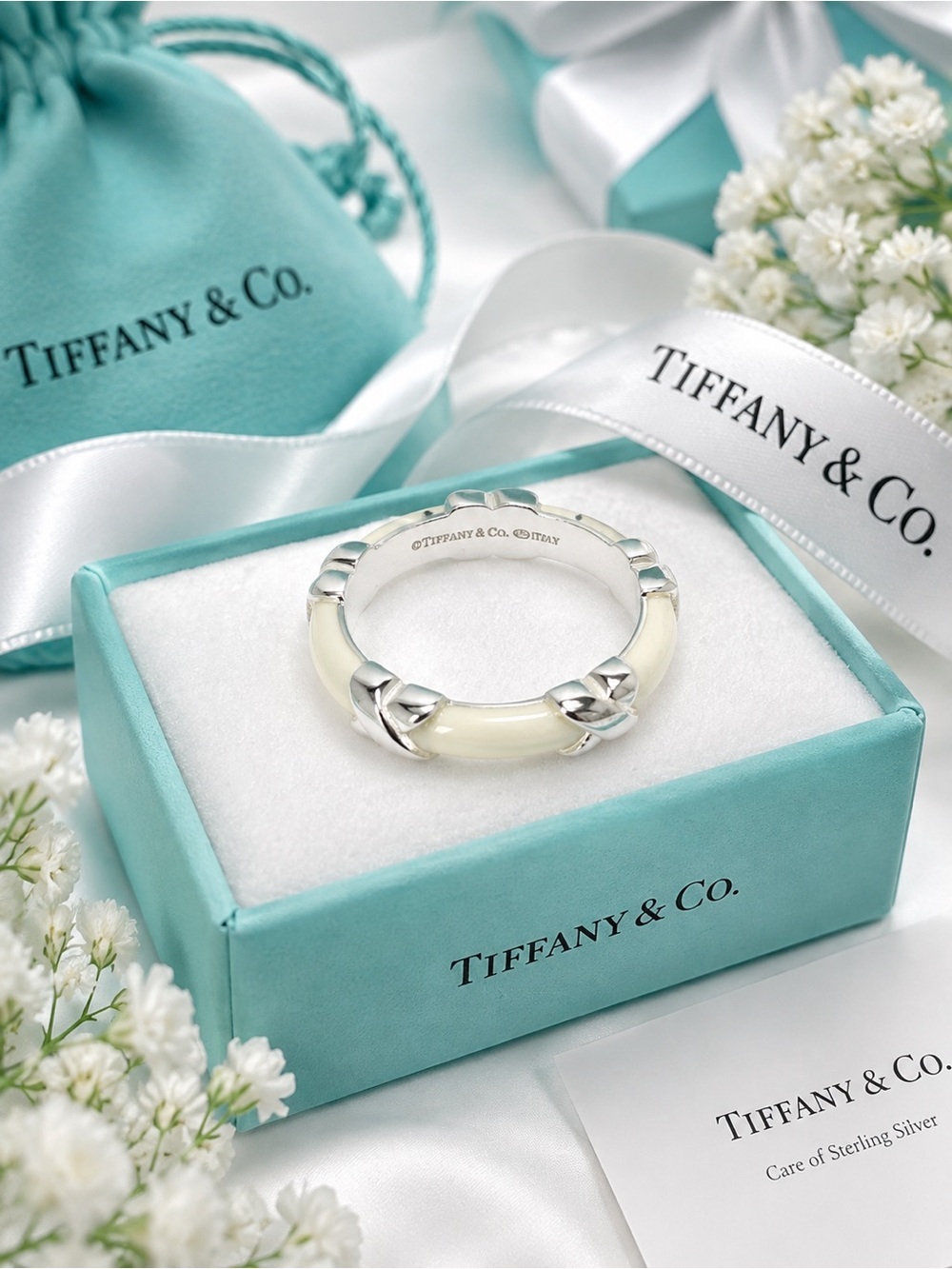 Authenticated Tiffany & Co. Signature X Cream Enamel Silver Ring Rare Size 5